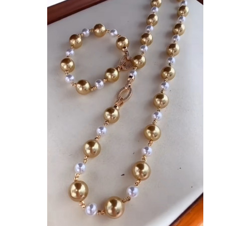 Перлове намисто з браслетом із Малазійських морських перлів Akoya Клас AAA з фіанітами Багатство