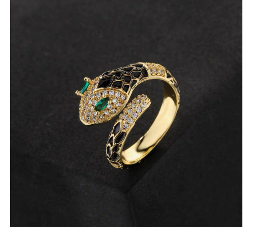 Золота Каблучка Сакральна Змія із Смарагдом і Фіанітами клас ААА для Здоров'я, Багатства та Великої Удачі