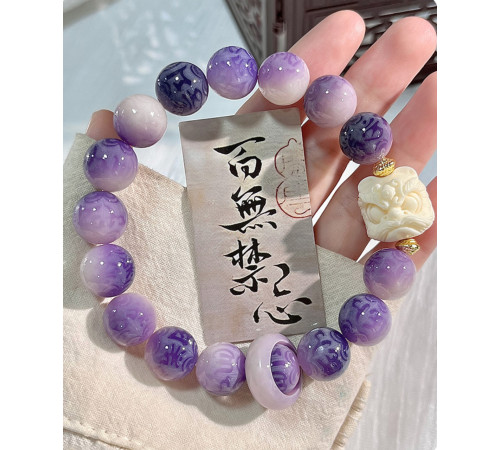 Тибетський Дорогоцінний Браслет з мантрою Om Mani Padme Hum і сніговим Львом Пурпуровий Бодхи Удача