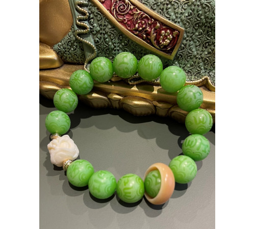 Тибетський Дорогоцінний Браслет з мантрою Om Mani Padme Hum і сніговим Львом Зелений Бодхі