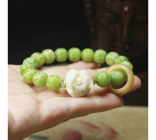 Тибетський Дорогоцінний Браслет з мантрою Om Mani Padme Hum і сніговим Львом Зелений Бодхі
