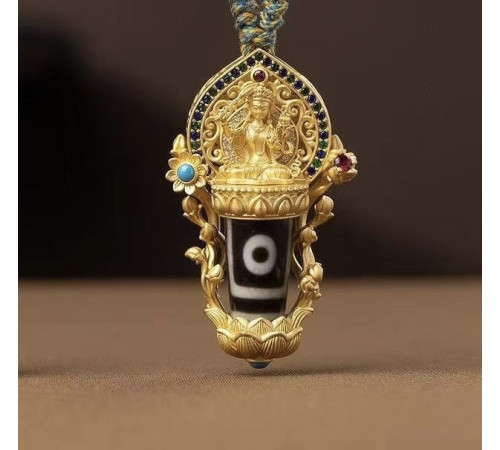 Тибетська Золота підвіска Манджутрі з Бусою Дзі 2 очі Удача в Любові, Здоров'я, мудрість, Багатство