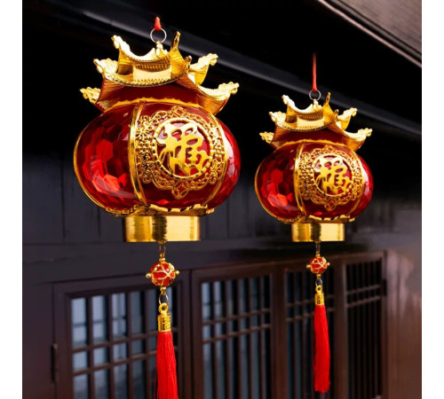 Китайські ліхтарі з Пагодою Благословення, Довголіття, Процвітання та Достаток 1 шт на батарейках символ Фук