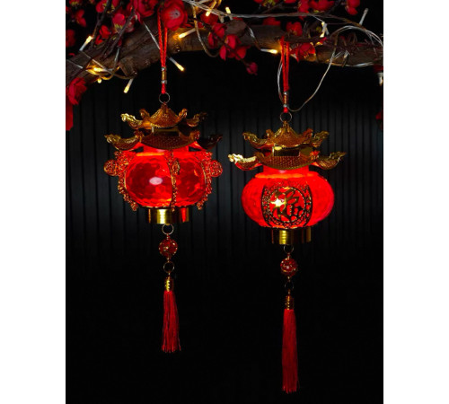 Китайські ліхтарі з Пагодою Благословення, Довголіття, Процвітання та Достаток 1 шт на батарейках символ Фук