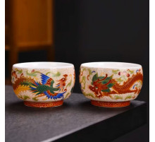 Тибетські сакральні Фарфорові чаші Дракон і Фенікс із сухим золотом Довголітні та Вічне Багатство