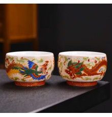 Тибетські сакральні Фарфорові чаші Дракон і Фенікс із сухим золотом Довголітні та Вічне Багатство