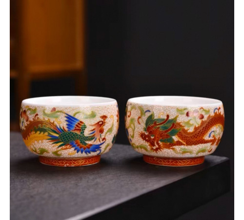 Тибетські сакральні Фарфорові чаші Дракон і Фенікс із сухим золотом Довголітні та Вічне Багатство