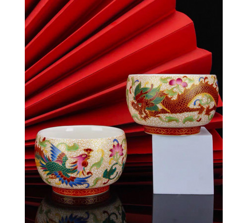 Тибетські сакральні Фарфорові чаші Дракон і Фенікс із сухим золотом Довголітні та Вічне Багатство