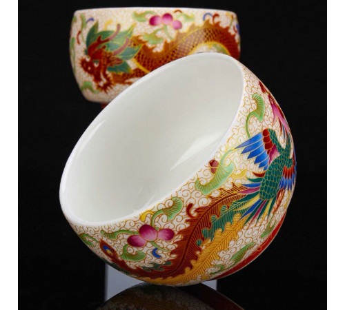 Тибетські сакральні Фарфорові чаші Дракон і Фенікс із сухим золотом Довголітні та Вічне Багатство