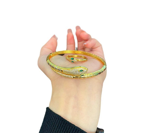 Золотий набір Змія Браслет і Каблучка зі смарагдом і фіанітами для Великої удачі 18 каратів