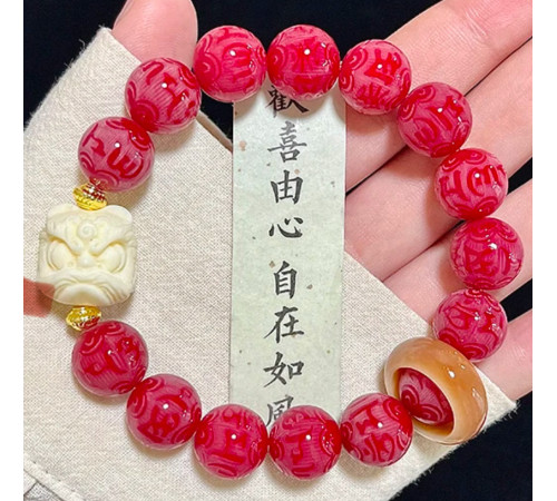 Тибетський Дорогоцінний Браслет з мантрою Om Mani Padme Hum та сніговим Левом Червоний Бодхі Удача та Захист