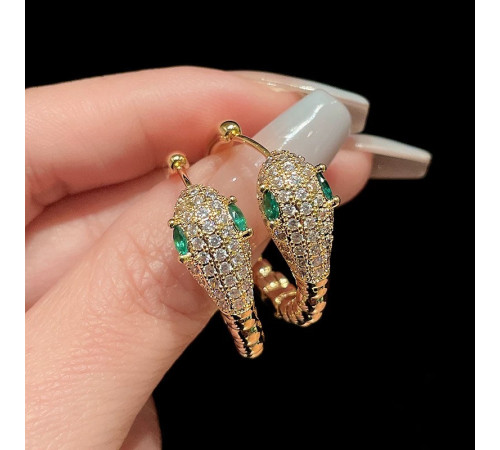 Малазійські сережки Змія 18 каратів із смарагдом і фіанітами клас ААА для удачі, успіху та Здоров'я