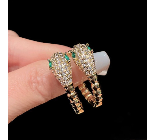 Малазійські сережки Змія 18 каратів із смарагдом і фіанітами клас ААА для удачі, успіху та Здоров'я