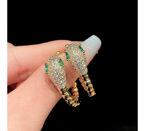 Малазійські сережки Змія 18 каратів із смарагдом і фіанітами клас ААА для удачі, успіху та Здоров'я