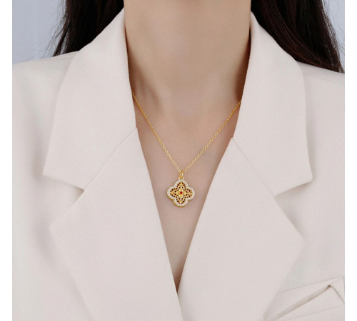 Позолочена підвіска чотирилиста конюшина для удачі з перлами та червоним рубіном для кохання й багатства