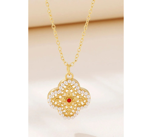 Позолочена підвіска чотирилиста конюшина для удачі з перлами та червоним рубіном для кохання й багатства