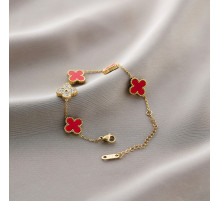 Позолочений браслет Чотирилистий Клевер із Червоним Агатом і Фіанітами Van Cleef для удачі, успіху, здоров'я