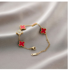 Позолочений браслет Чотирилистий Клевер із Червоним Агатом і Фіанітами Van Cleef для удачі, успіху, здоров'я