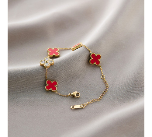 Позолочений браслет Чотирилистий Клевер із Червоним Агатом і Фіанітами Van Cleef для удачі, успіху, здоров'я