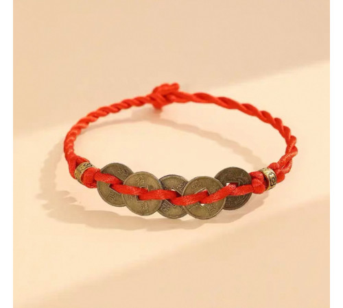 Тибетський сакральний браслет червона нитка з 5 монетами Династії І-Цин багатство та вдалий прибуток