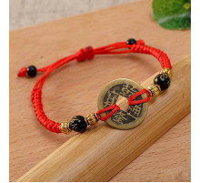 Тибетський браслет на червоній нитці з китайською монетою з мантрами для грошей і здоров'я