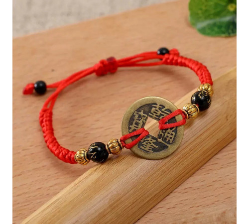 Тибетський браслет на червоній нитці з китайською монетою з мантрами для грошей і здоров'я