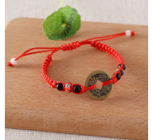 Червоний Тибетський магічний браслет із китайською монетою з чорним агатом і містичним вузлом