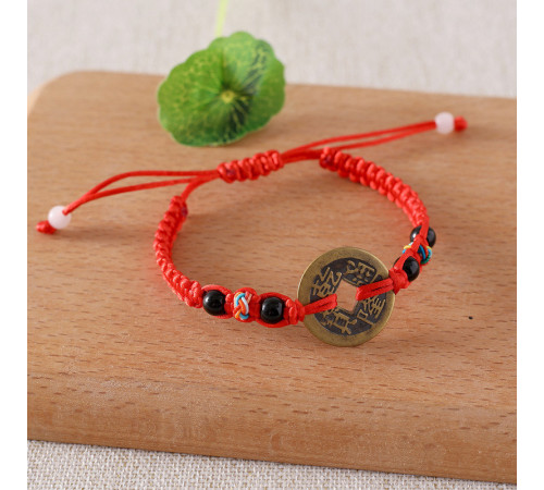 Червоний Тибетський магічний браслет із китайською монетою з чорним агатом і містичним вузлом
