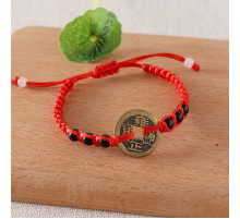 Тибетський браслет червона нитка з чорним агатом та китайською монетою для залучення Багатства, Здоров'я, Сили