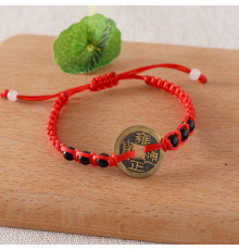 Тибетський браслет червона нитка з чорним агатом та китайською монетою для залучення Багатства, Здоров'я, Сили