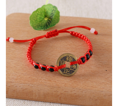 Тибетський браслет червона нитка з чорним агатом та китайською монетою для залучення Багатства, Здоров'я, Сили